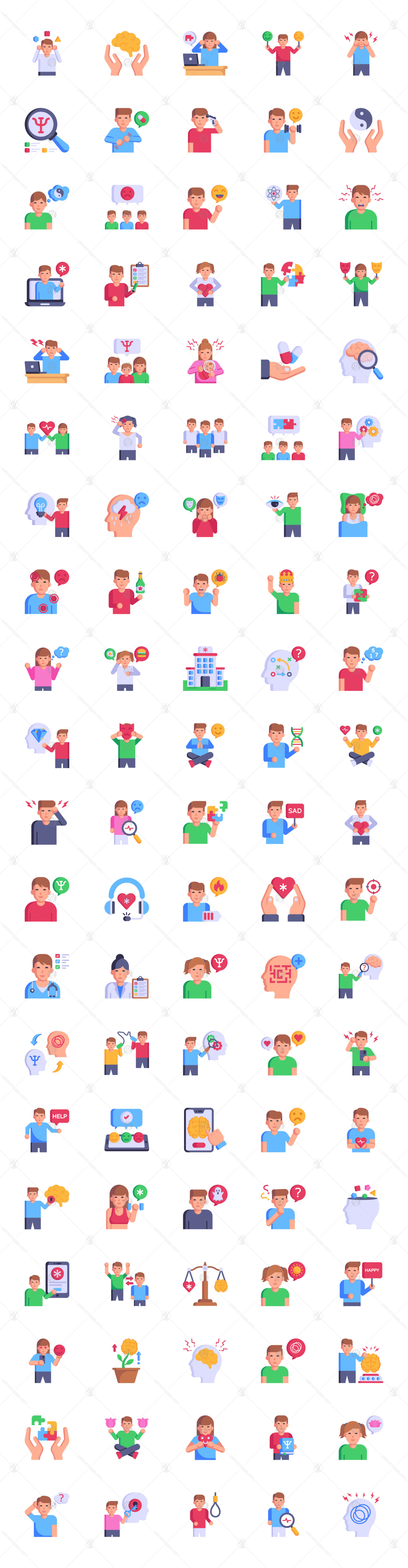 100 Flat Mental Health Icons On Yellow Images Creative Store 98001