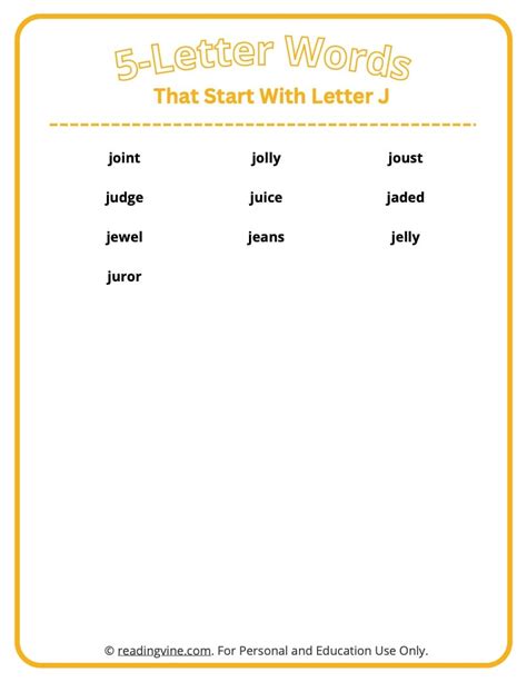 5 Letter Words That Start With J Printable List Worksheets