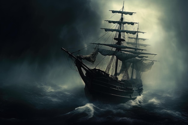 A Pirate Ship Struggles To Survive As It Navigates Through A Treacherous Storm Mysterious