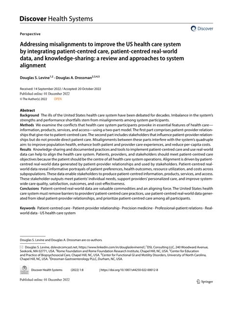 Addressing Misalignments To Improve The Us Health Care System By Integrating Patient Centred Care Patient Centred Real World Data And Knowledge Sharing A Review And Approaches To System Alignment Discover Health Systems