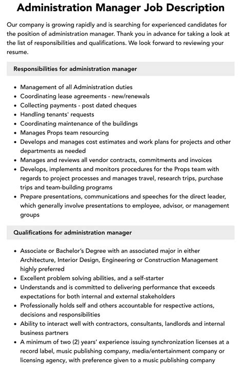 Administrative Manager Job Description Pdf