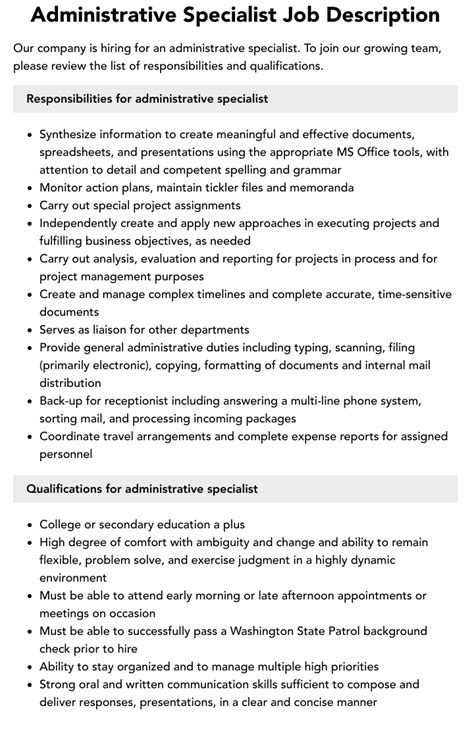 Administrative Specialist Job Description