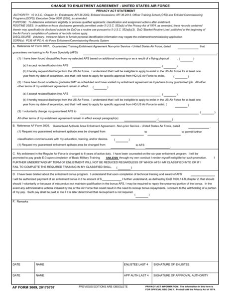 Af Form 3009 Change To Enlistment Agreement United States Air Force Finder Doc