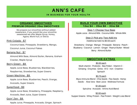 Ann S Health Food Store Menu