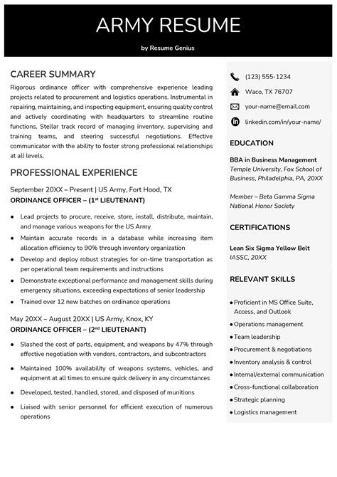 Army Job Description For Resume