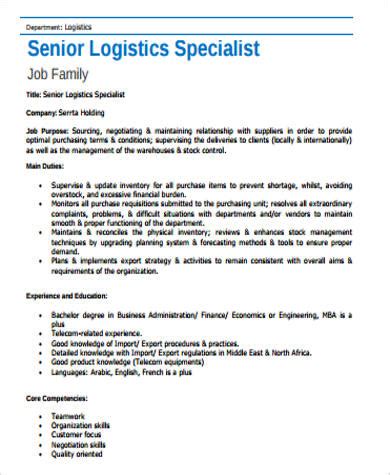 Army Logistics Job Description