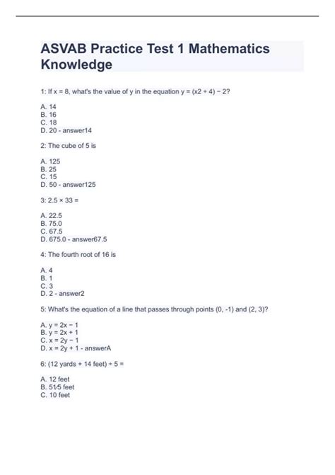 Asvab Mathematics Knowledge Practice Test Asvab Prep