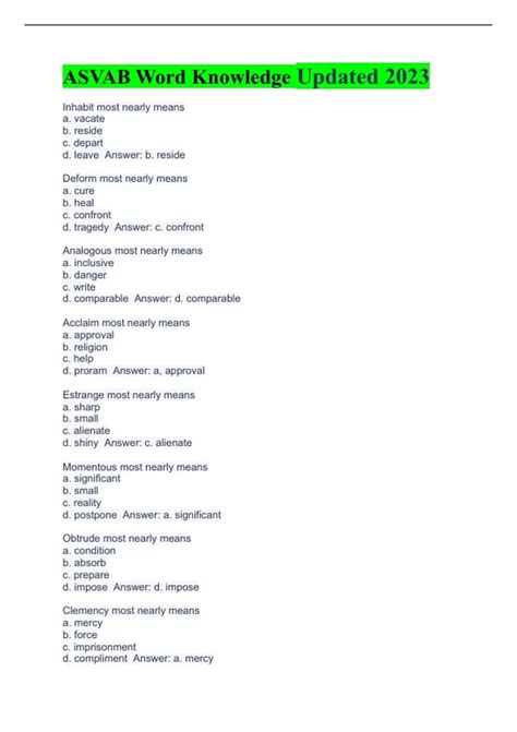 Asvab Word Knowledge List Pdf