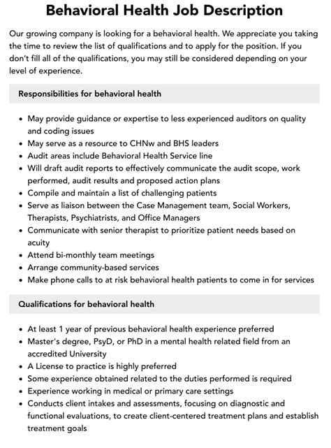 Behavioral Health Associates Job Description