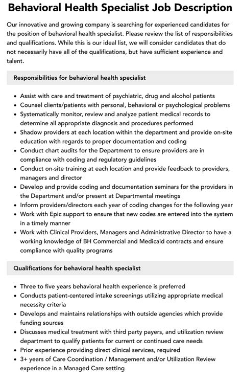 Behavioral Health Job Description Velvet Jobs