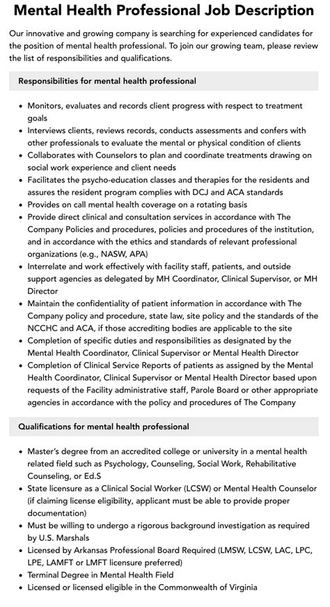 Behavioral Health Professional Job Description