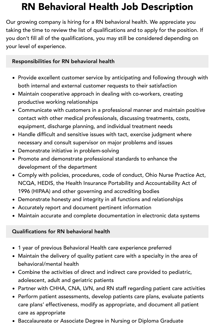 Behavioral Health Rn Job Duties