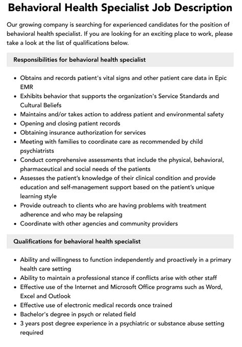 Behavioral Health Specialist Duties