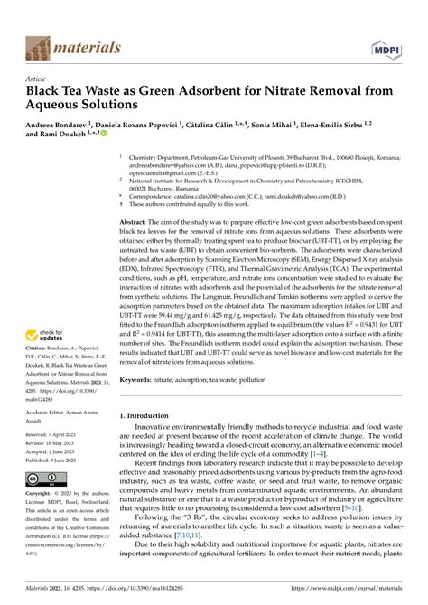 Black Tea Waste As Green Adsorbent For Nitrate Removal From Aqueous Solutions