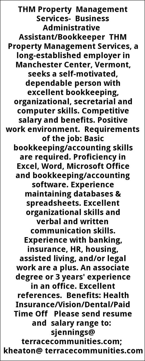 Business Administrative Assistant Thm Property Management Manchester Center Vt