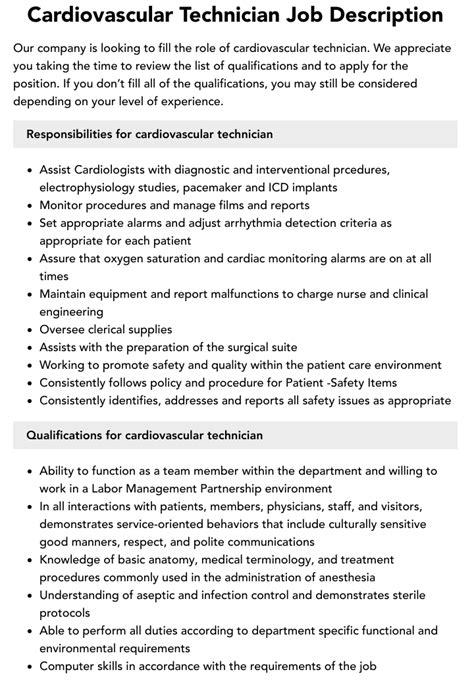 Cardiovascular Tech Job Description