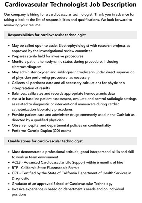 Cardiovascular Technologist Job Requirements