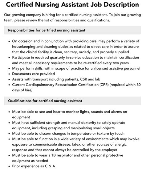 Certified Nursing Assistant Job Description