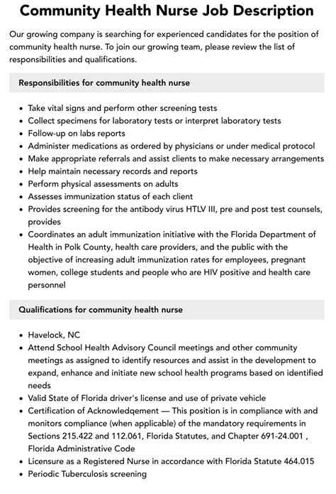 Community Health Nurse Job Description