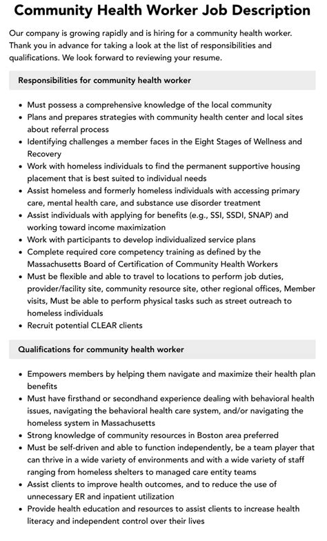 Community Health Worker Job Description Velvet Jobs