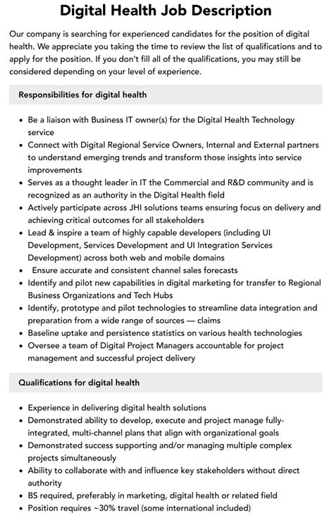 Digital Health Job Description