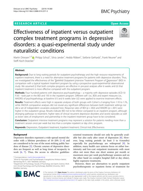 Effectiveness Of Inpatient Versus Outpatient Complex Treatment Programs In Depressive Disorders A Quasi Experimental Study Under Naturalistic Conditions Bmc Psychiatry Full Text