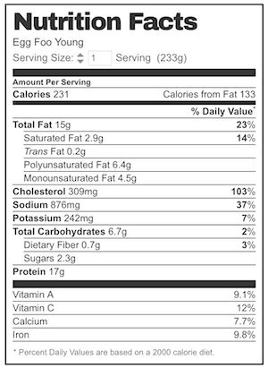 Egg Foo Young Nutrition Label