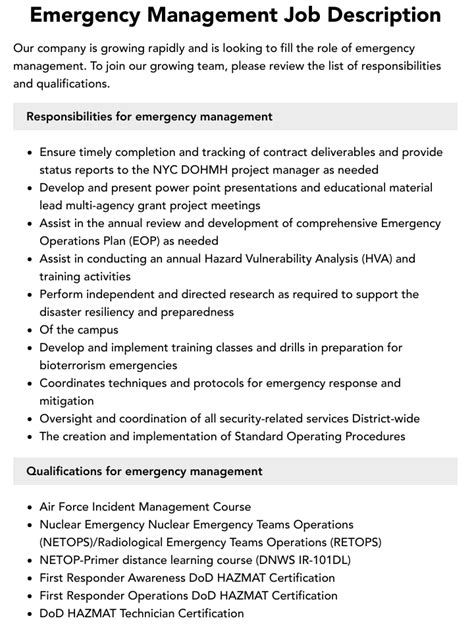 Emergency Management Job Description