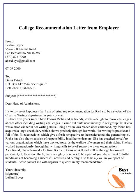 Employee Recommendation Letter For University