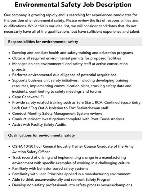 Environment Health Amp Safety Job Description Velvet Jobs