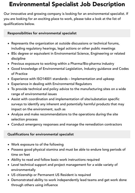 Environmental Specialist Responsibilities