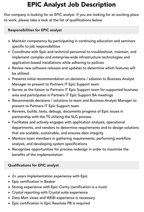 Epic Analyst Job Description Velvet Jobs