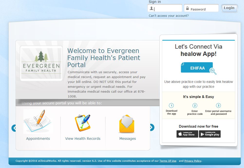 Evergreen Family Health Portal Login