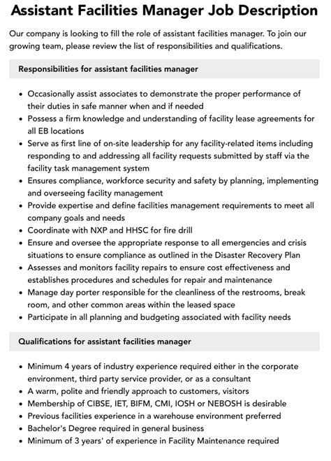 Facilities Manager Duties List