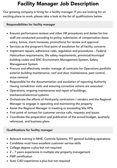 Facilities Manager Job Description Pdf