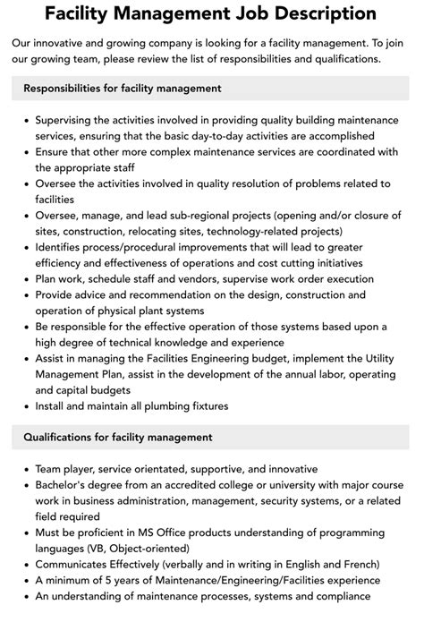 Facilities Manager Role Description