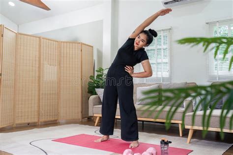 Fat Women Exercise Healthily At Home On Leisurely Day Happily