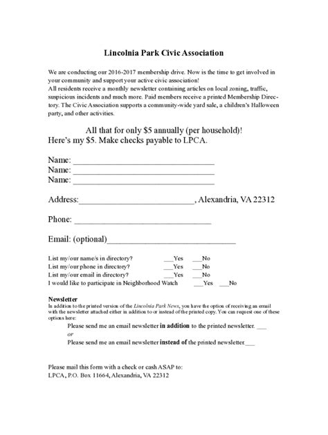 Fillable Online 2016 Lincolnia Park Civic Association Membership Form