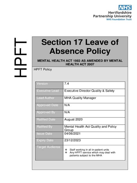 Fillable Online Section 17 Leave Of Absence Under The Mental Health Actsection 17 Leave Of