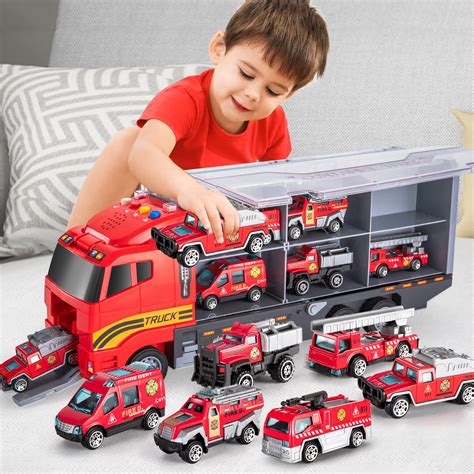 Fire Truck Toys For 3 4 5 6 Years Old Boys Toddlers 5 In 1 Kids Carrier Fire Trucks Cars For Boy Toys Birthday Car Trucks Friction Power Toys With L