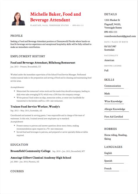 Food And Beverage Skills Resume