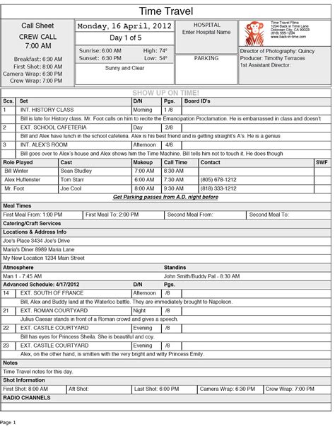 Free Call Sheet Template Jungle Software