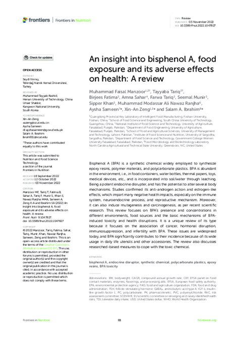 Frontiers An Insight Into Bisphenol A Food Exposure And Its Adverse Effects On Health A Review