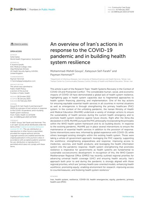 Frontiers An Overview Of Iran Amp 39 S Actions In Response To The Covid 19 Pandemic And In Building