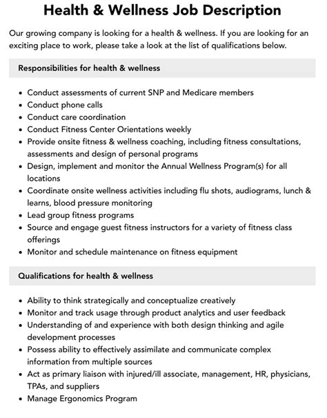 Health And Wellness Job Description