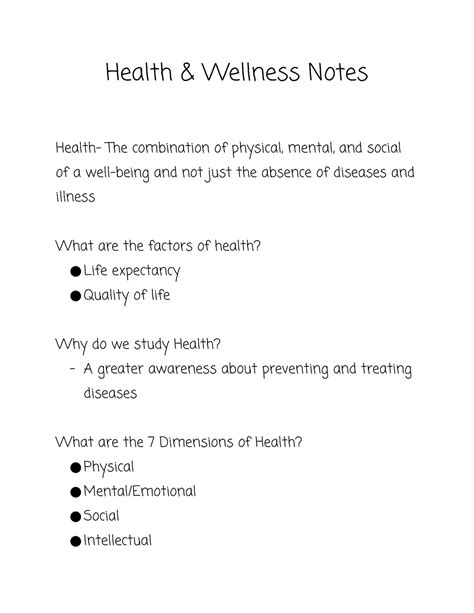 Health And Wellness Notes