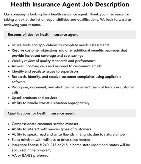 Health Care Agent Job Description