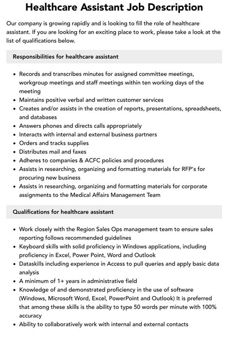 Health Care Assistant Description