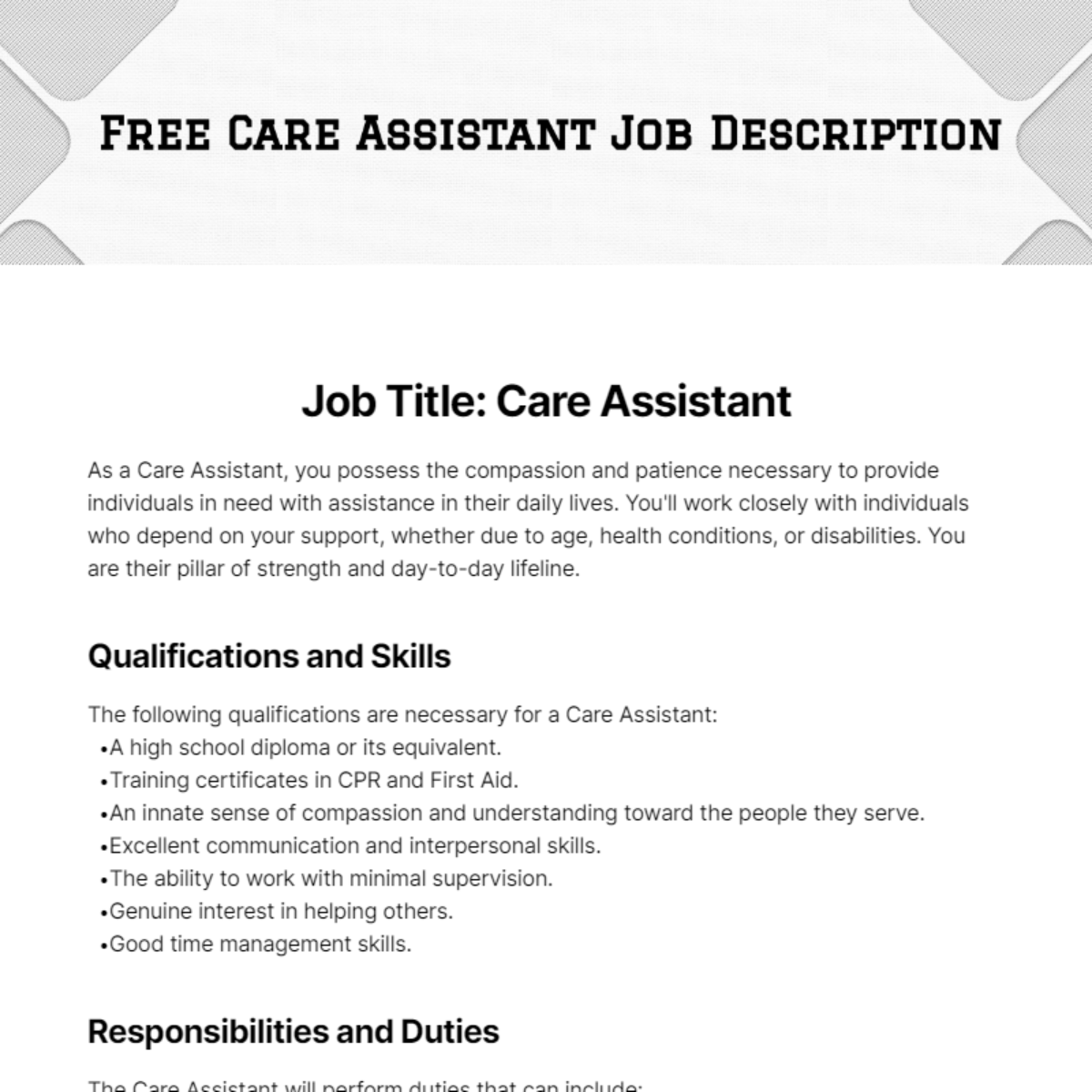 Health Care Assistant Job Description Sample Template