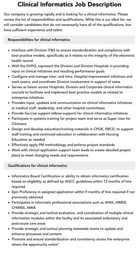 Health Care Informatics Job Description